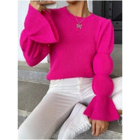 . Sweaters - Puff Sleeve Knit Sweater Top hot Pink